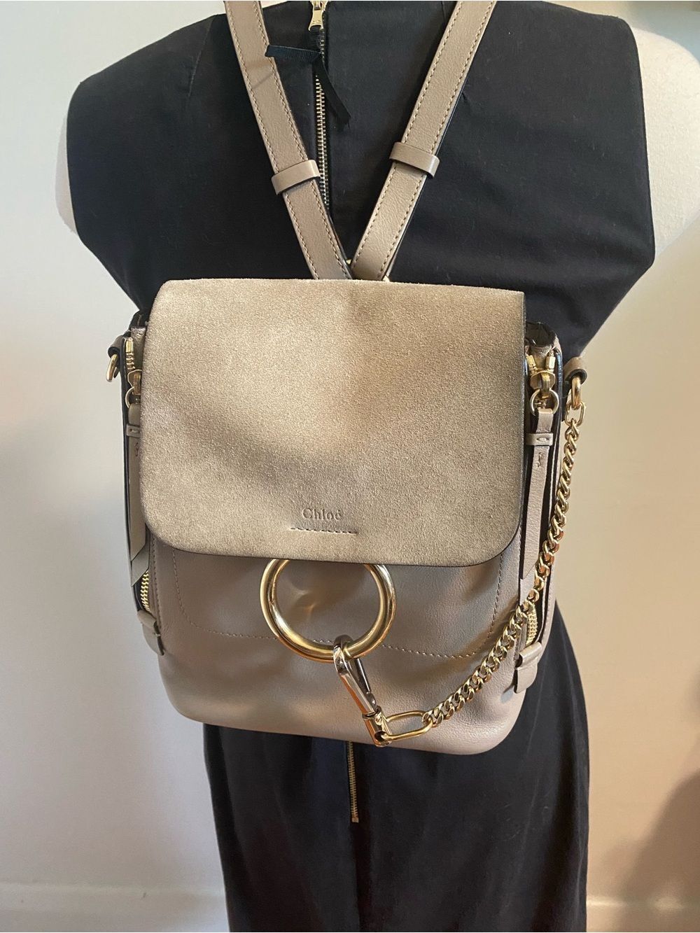 Chloé Authentic Faye Taupe Suede & Leather Crossbody Backpack Bag